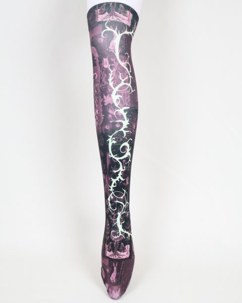 画像1: rurumu: "Unknown Plants"printed over knee socks black multi (1)