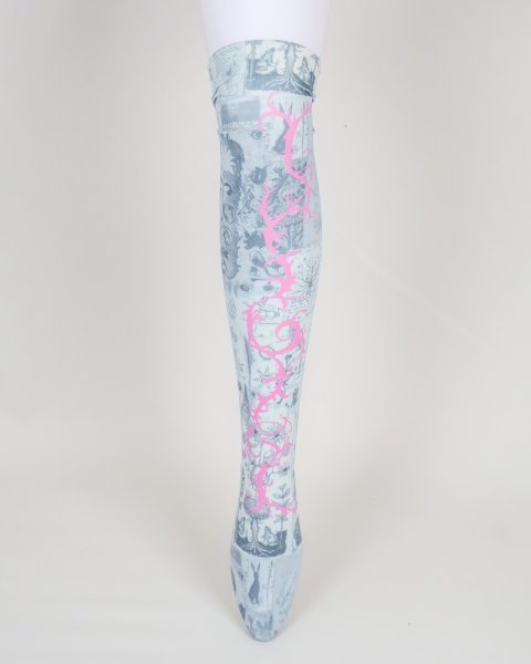 画像1: rurumu: "Unknown Plants"printed over knee socks smoky blue (1)