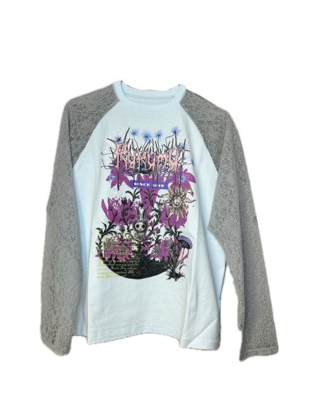 画像1: rurumu: 25SS lace raglan sleeve printed Tee light blue (1)