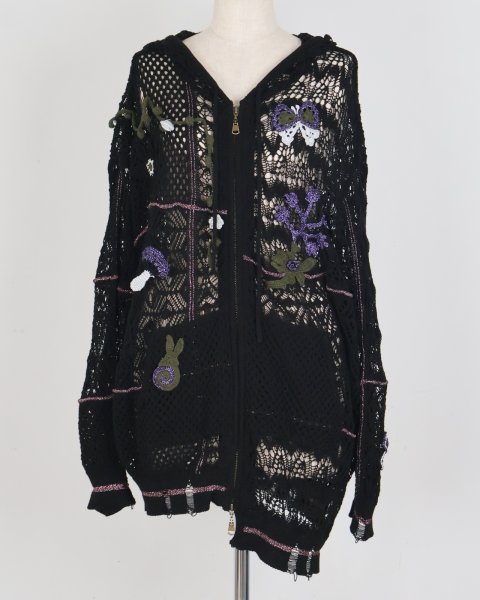 画像1: rurumu: plants motif crochet hoodie black (1)