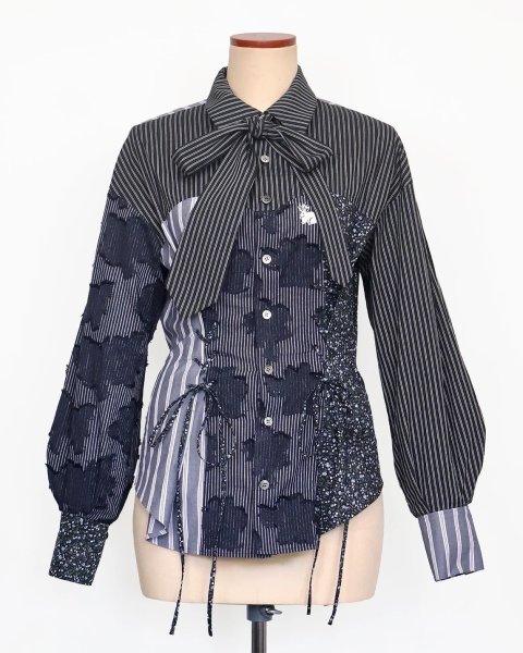 画像1: rurumu: 25AW lace up stripe shirts black (1)