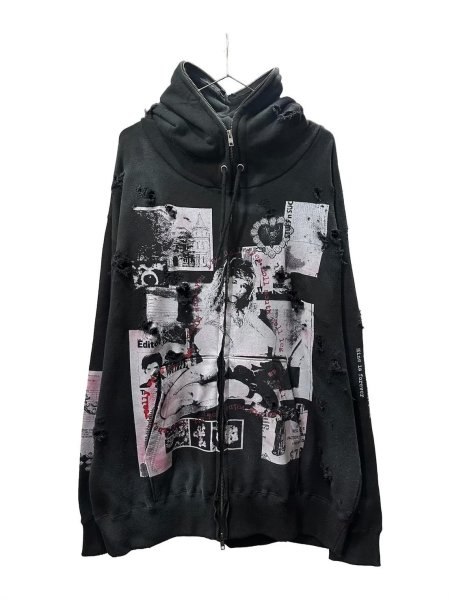 画像1: emary Damaged Scarred Cradle Zip Hoodie BLACK/GREY (1)