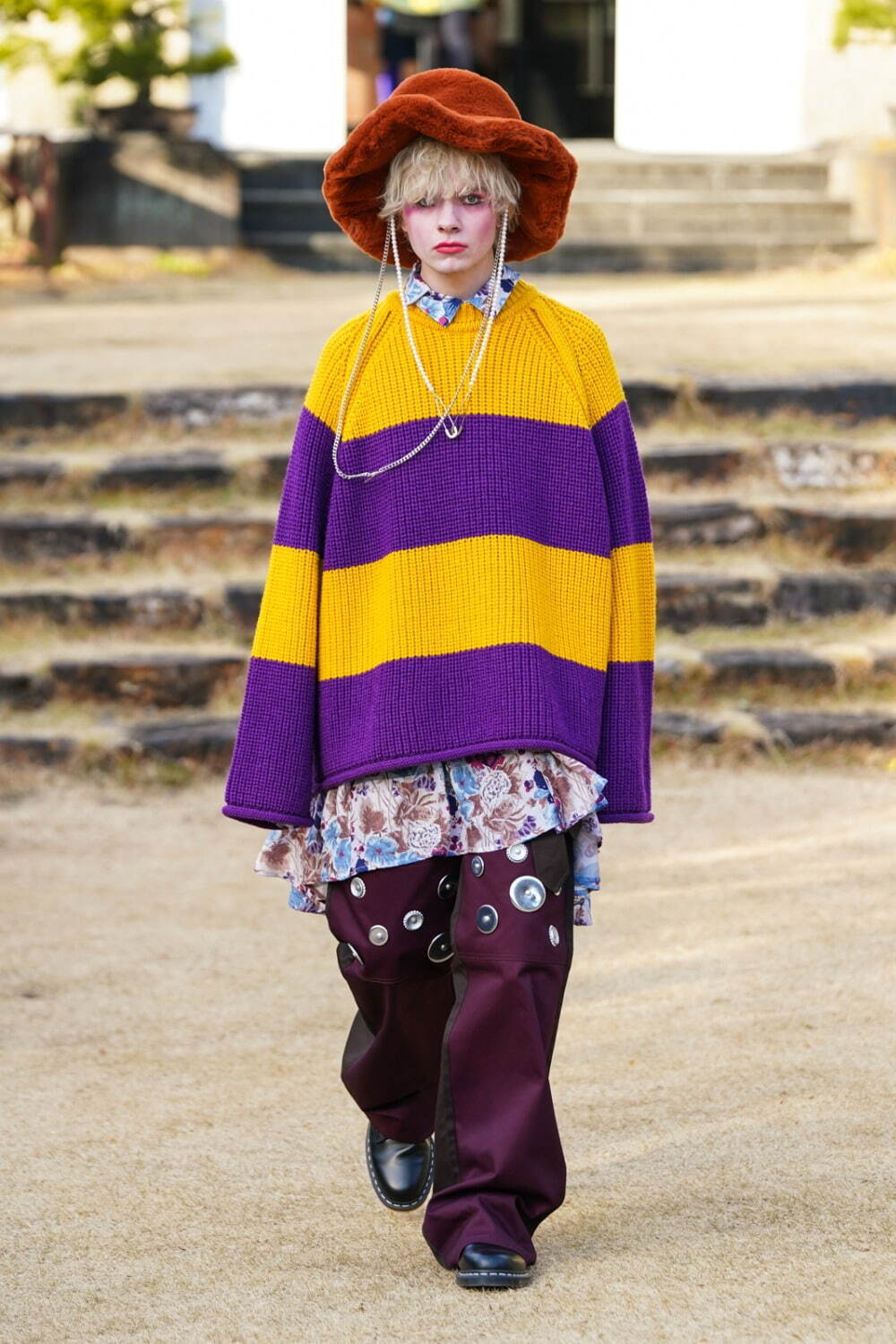 KIDILL 22AW KL632 Border Pullover Knit Insist on British Wool Yellow×Purple