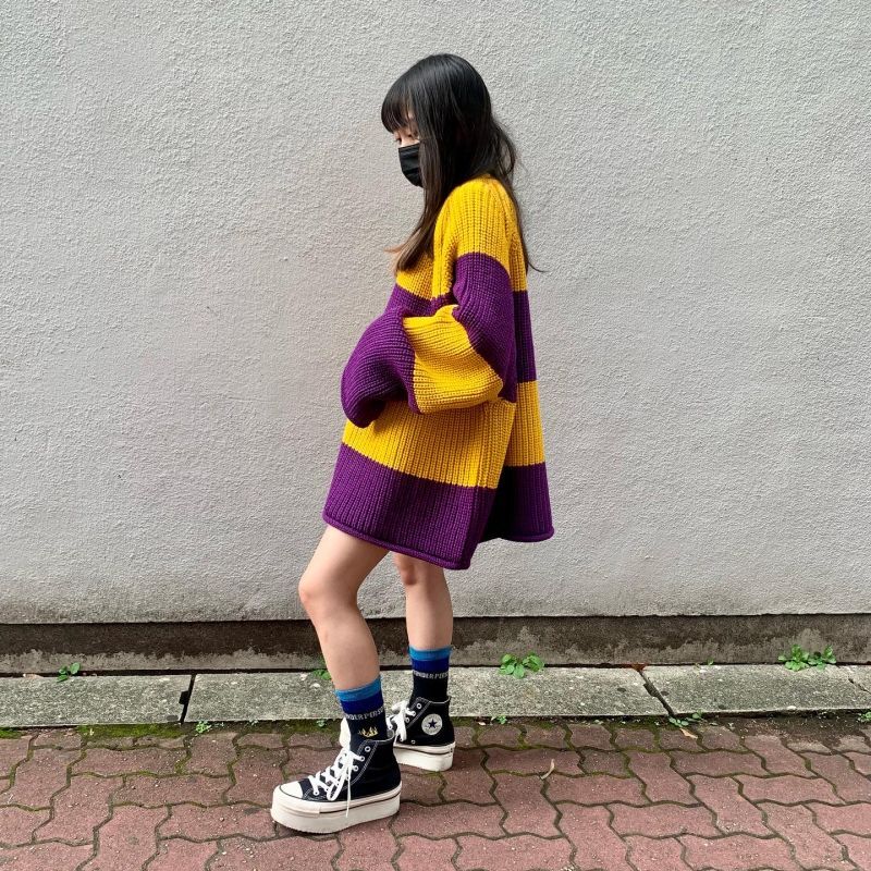 KIDILL 22AW KL632 Border Pullover Knit Insist on British Wool Yellow×Purple